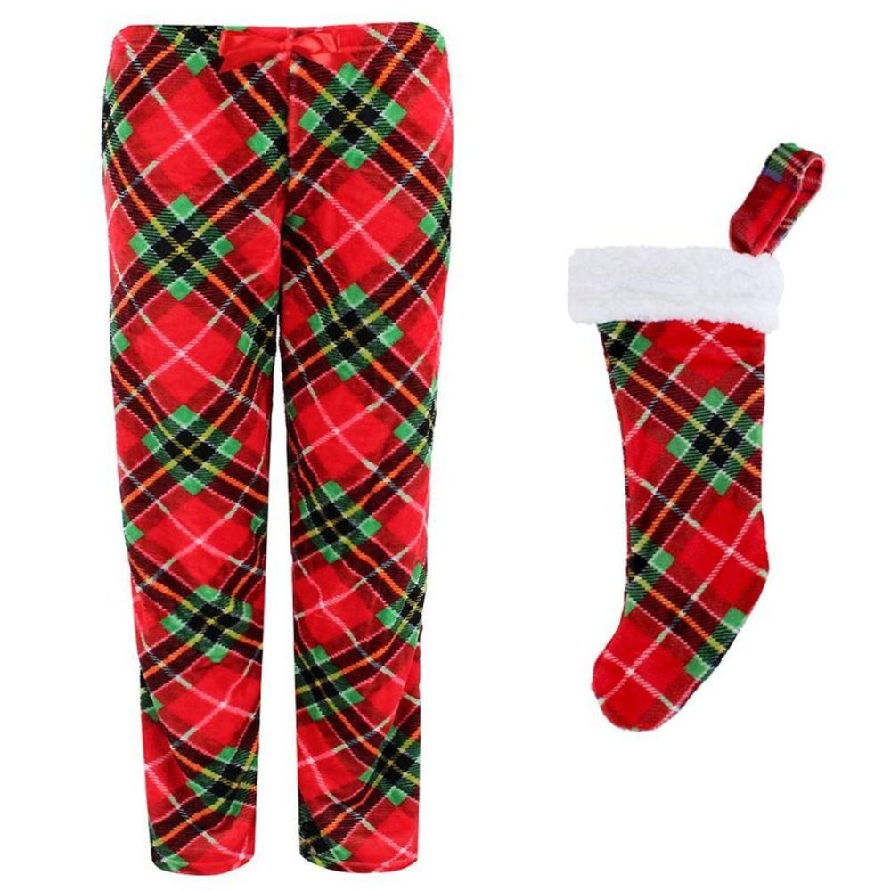 Weekending Juniors Girls Plaid Holiday Plush Pant with Stocking Set